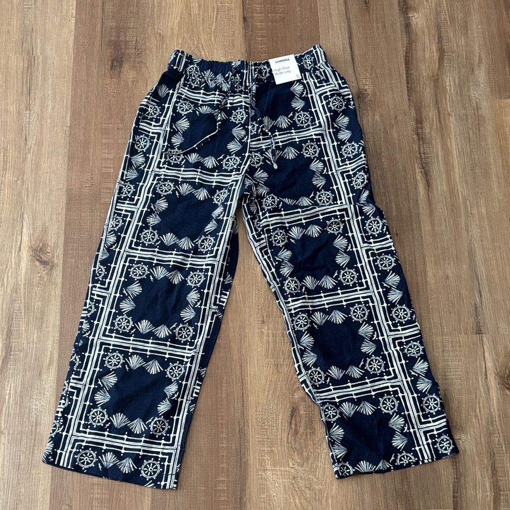 Sonoma Navy and White High Rise Wide Leg Linen Pants